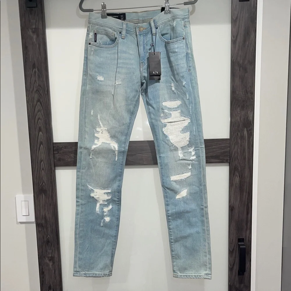 Armani Exchange Light Blue Distressed Slim 5 pocket Jeans NWT 30 x 33 30R